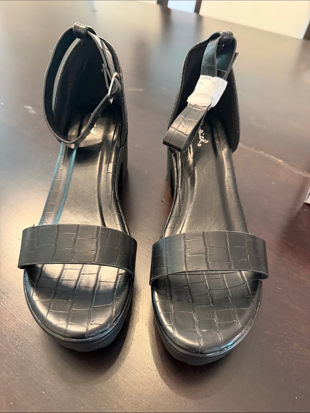 Qupid Black Croc-Embossed Ankle Strap Platform Sandals